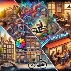 750 jaar Amsterdam: cultuur en verandering. Amsterdam van verschillende hoeken, creatief uitgebeeld in een foto door AI