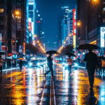 maak een foto van een stad in de avond terwijl het regent