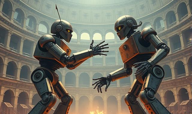 Twee vintage robots die vechten in een colosseum. Gemaakt met DeepAI.