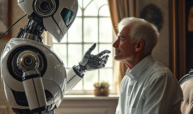 Futuristische robot geeft een oude man advies over ademhalingsoefeningen (gemaakt met DeepAI).